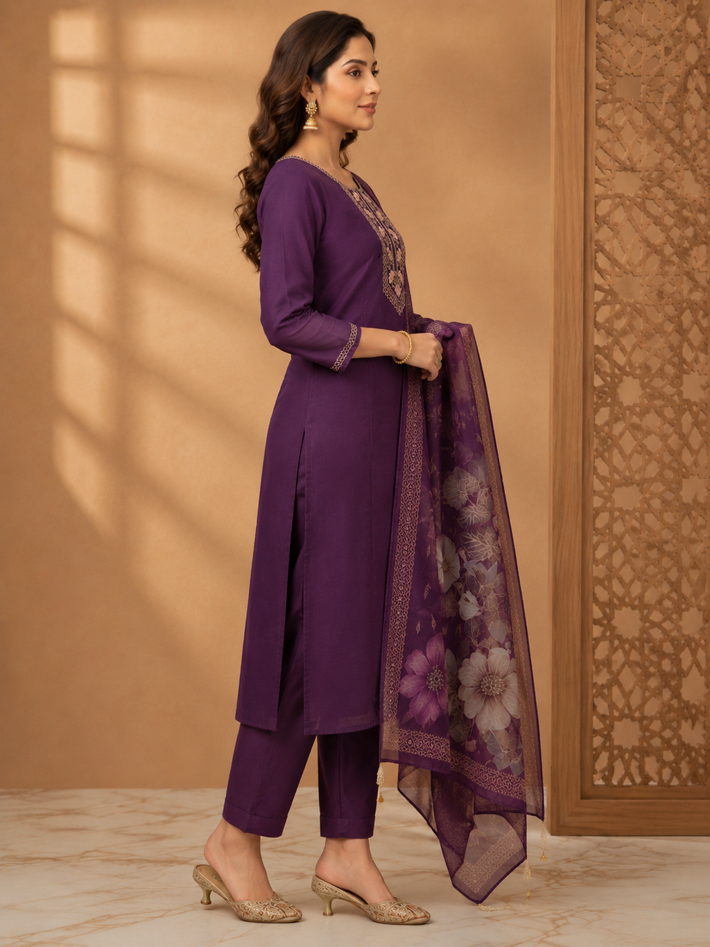 Purple Embroidered Cotton Blend Kurta Set with Floral Organza Dupatta