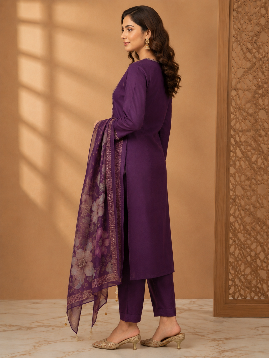 Purple Embroidered Cotton Blend Kurta Set with Floral Organza Dupatta