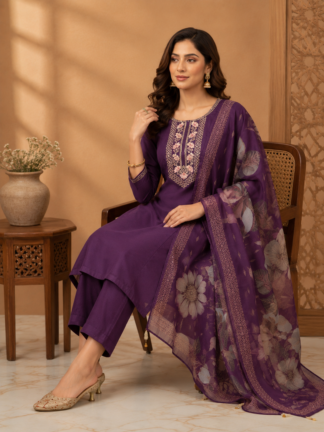 Purple Embroidered Cotton Blend Kurta Set with Floral Organza Dupatta