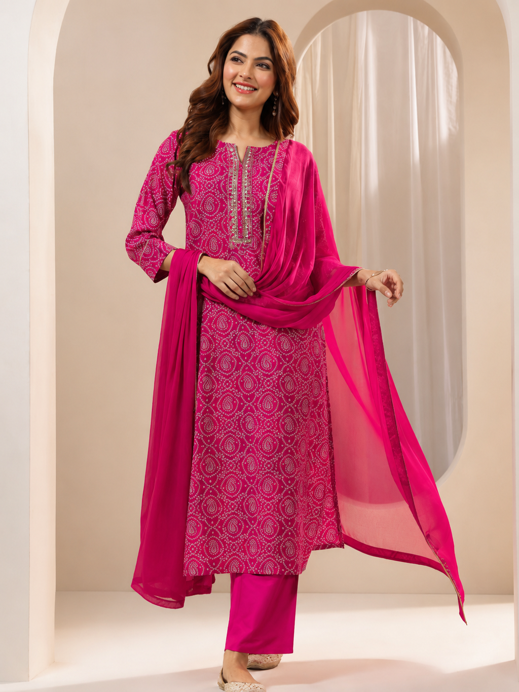 Rani Pink Printed Cotton Blend Kurta Set with Chiffon Dupatta