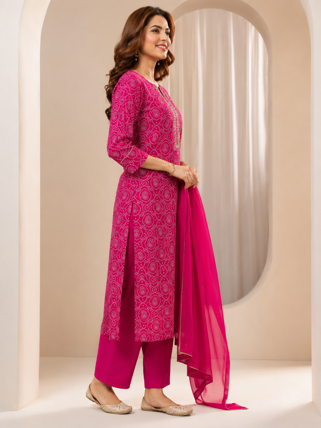 Rani Pink Printed Cotton Blend Kurta Set with Chiffon Dupatta
