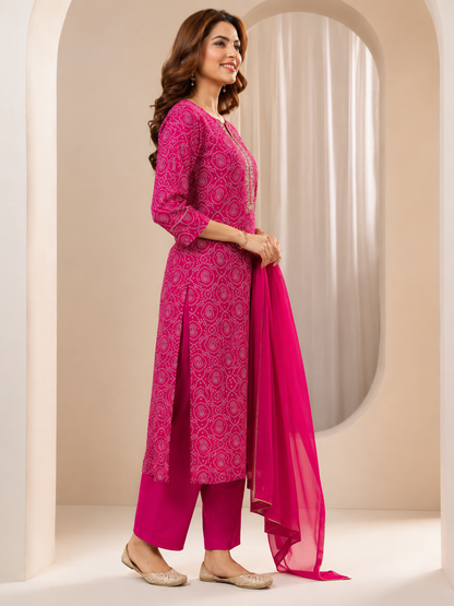 Rani Pink Printed Cotton Blend Kurta Set with Chiffon Dupatta