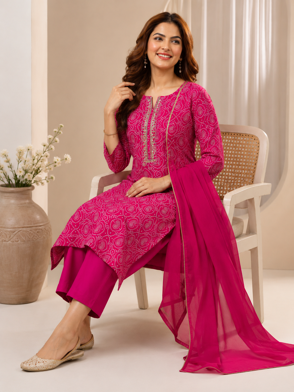 Rani Pink Printed Cotton Blend Kurta Set with Chiffon Dupatta