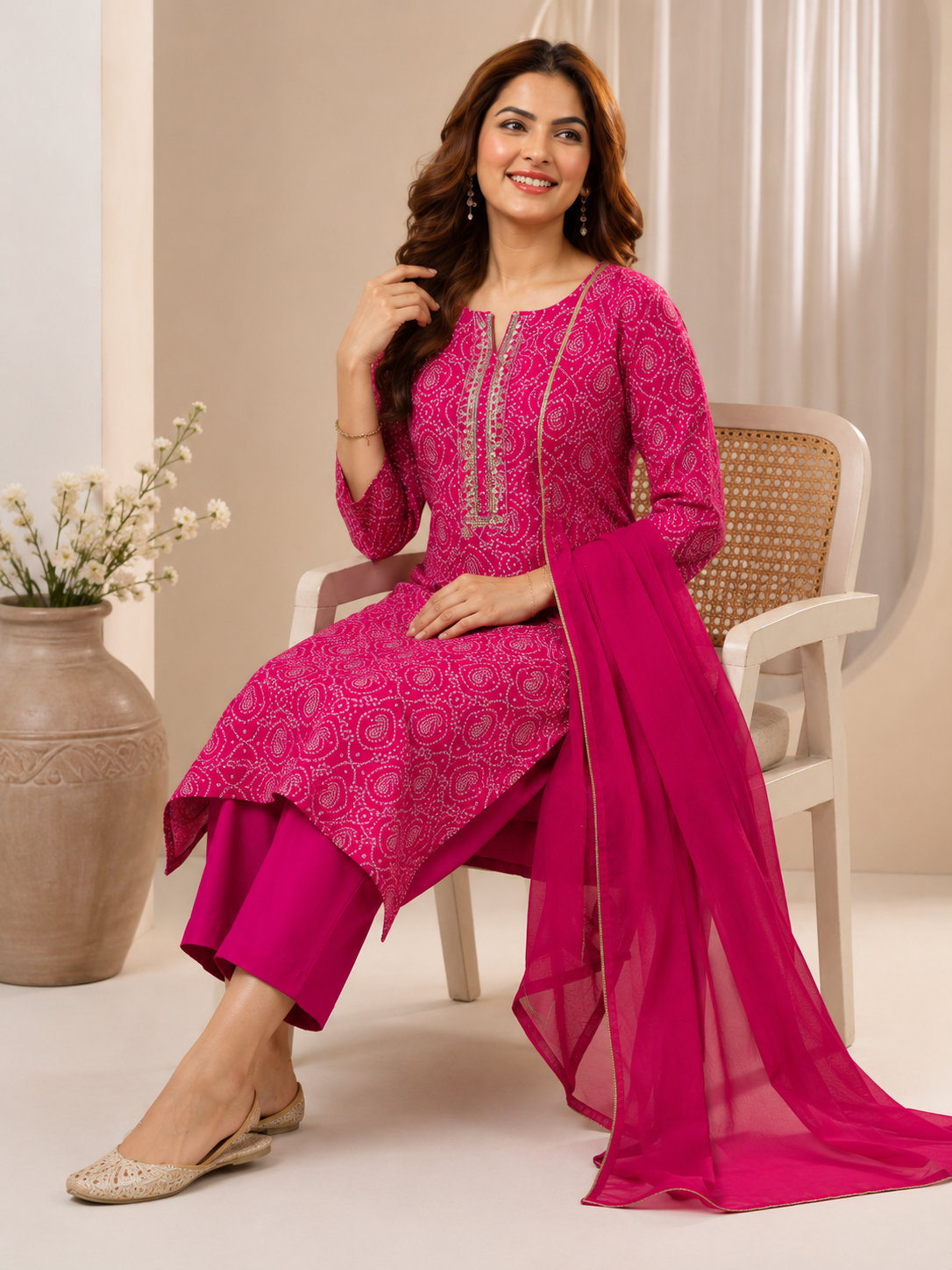 Rani Pink Printed Cotton Blend Kurta Set with Chiffon Dupatta