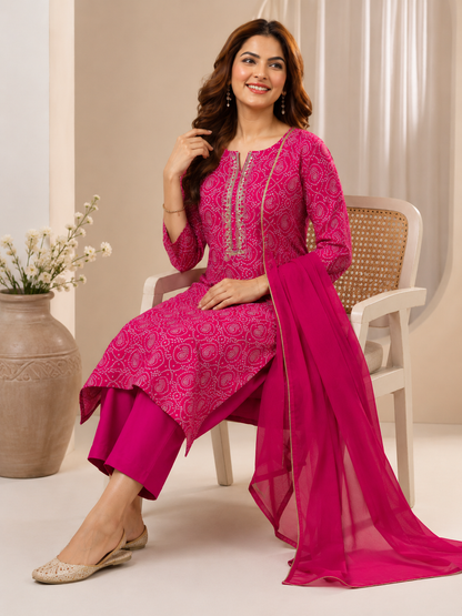 Rani Pink Printed Cotton Blend Kurta Set with Chiffon Dupatta