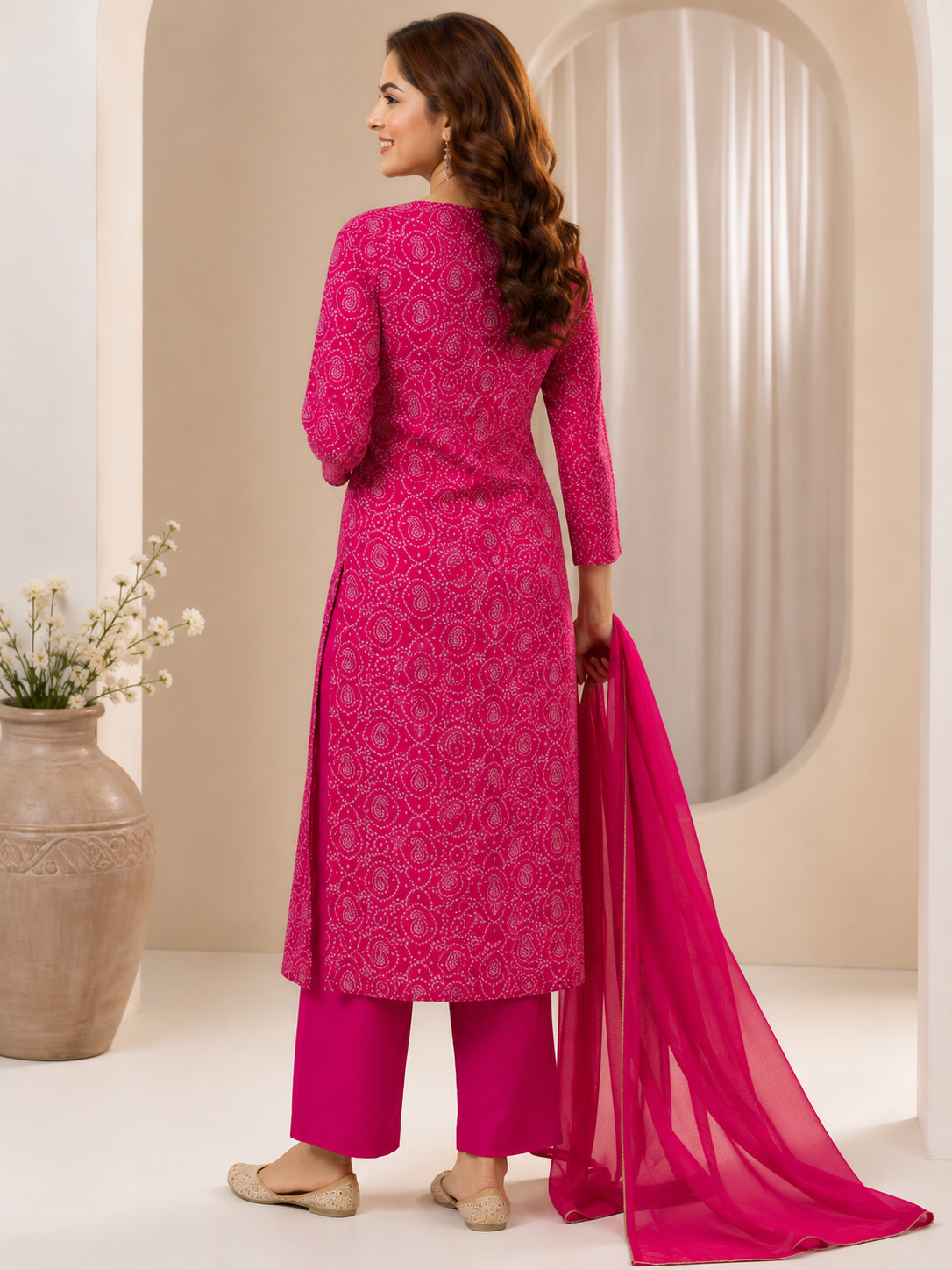 Rani Pink Printed Cotton Blend Kurta Set with Chiffon Dupatta