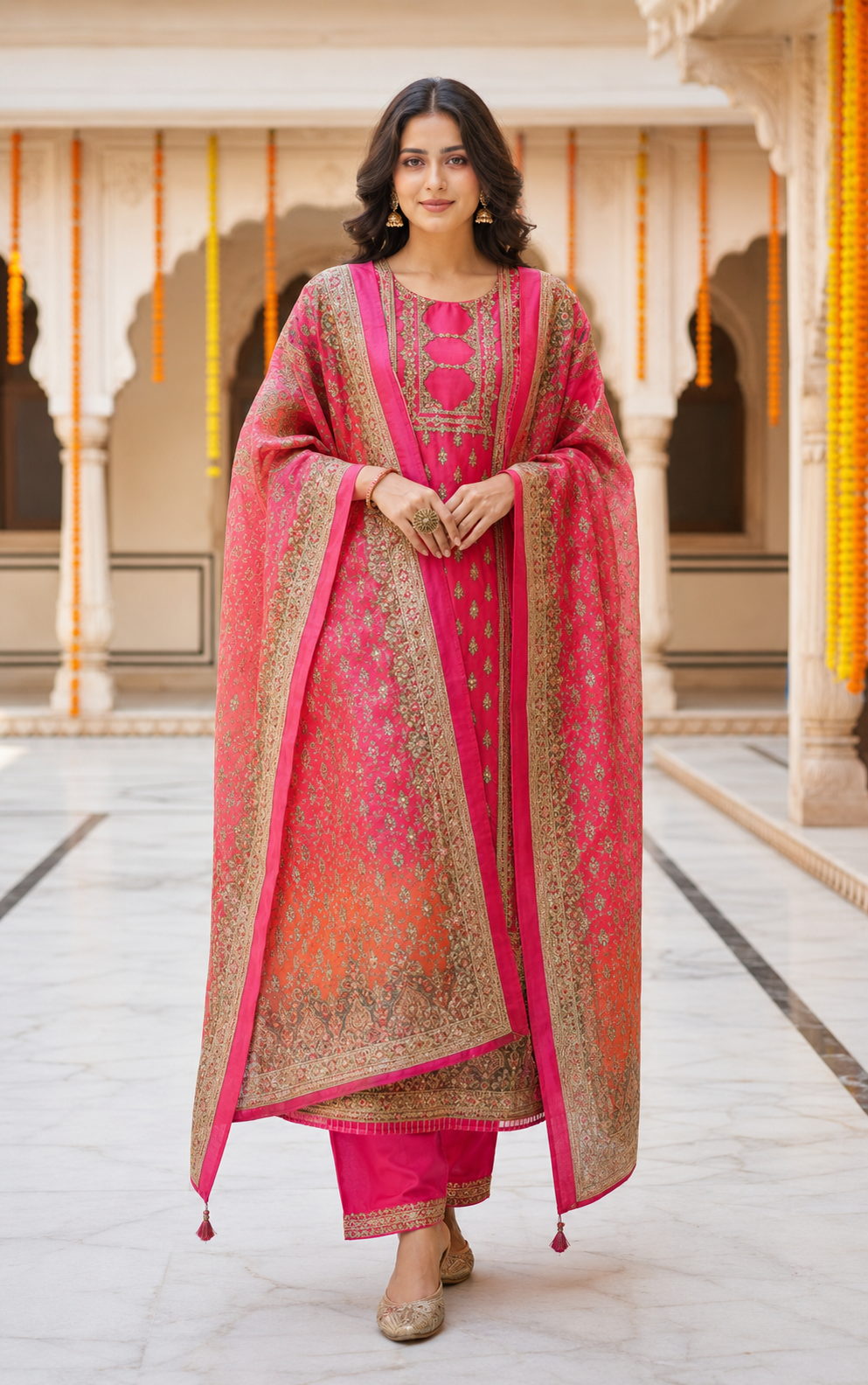 Rani Pink Embroidered Chanderi Silk Kurta Set with Banarasi Dupatta