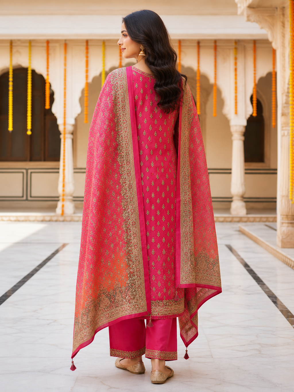 Rani Pink Embroidered Chanderi Silk Kurta Set with Banarasi Dupatta