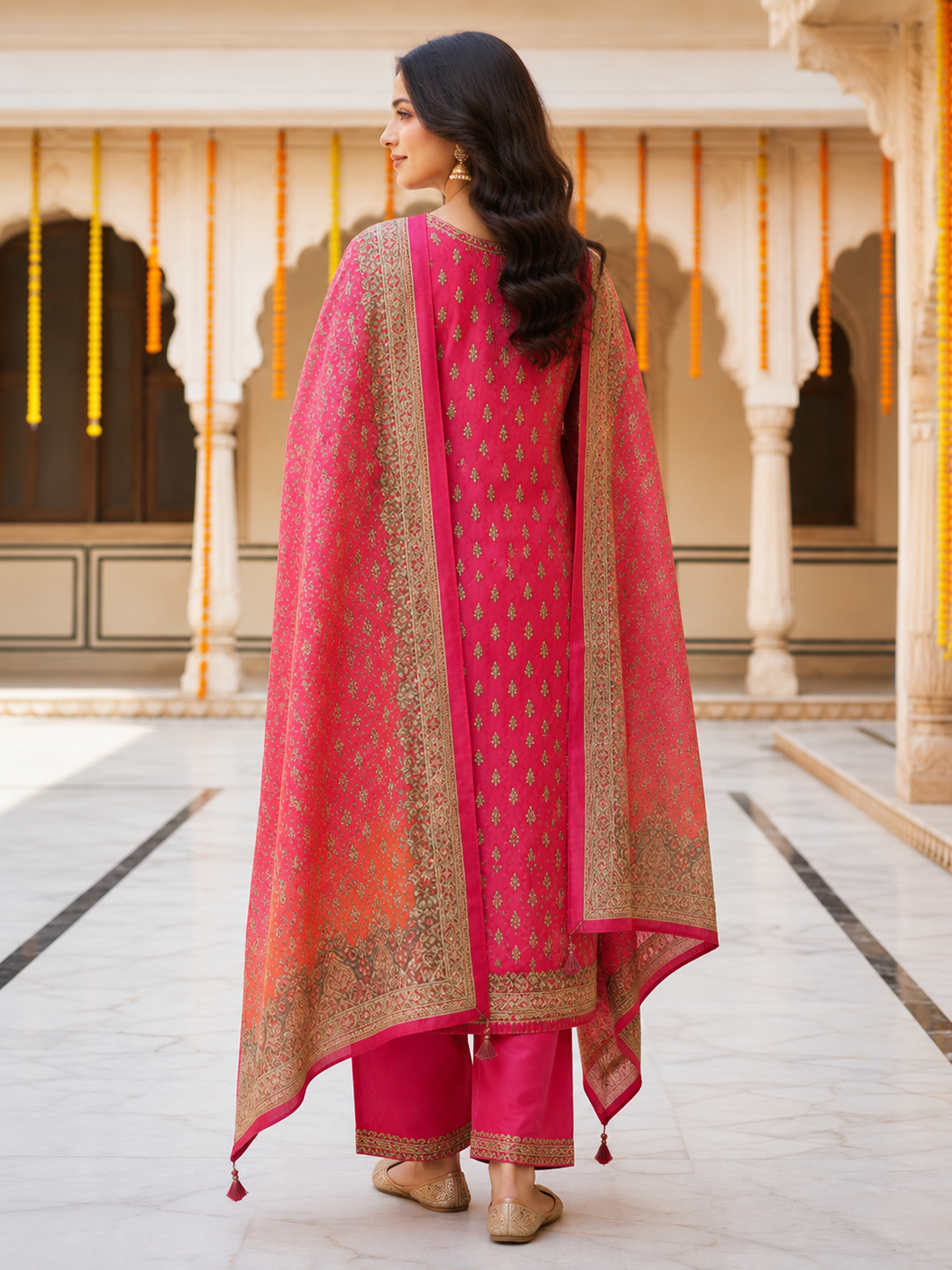 Rani Pink Embroidered Chanderi Silk Kurta Set with Banarasi Dupatta