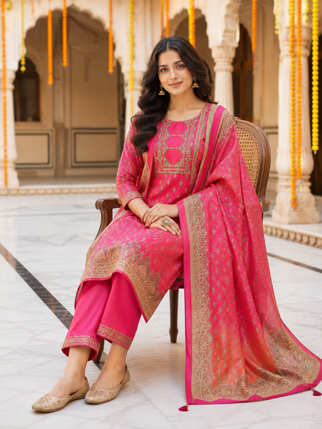 Rani Pink Embroidered Chanderi Silk Kurta Set with Banarasi Dupatta
