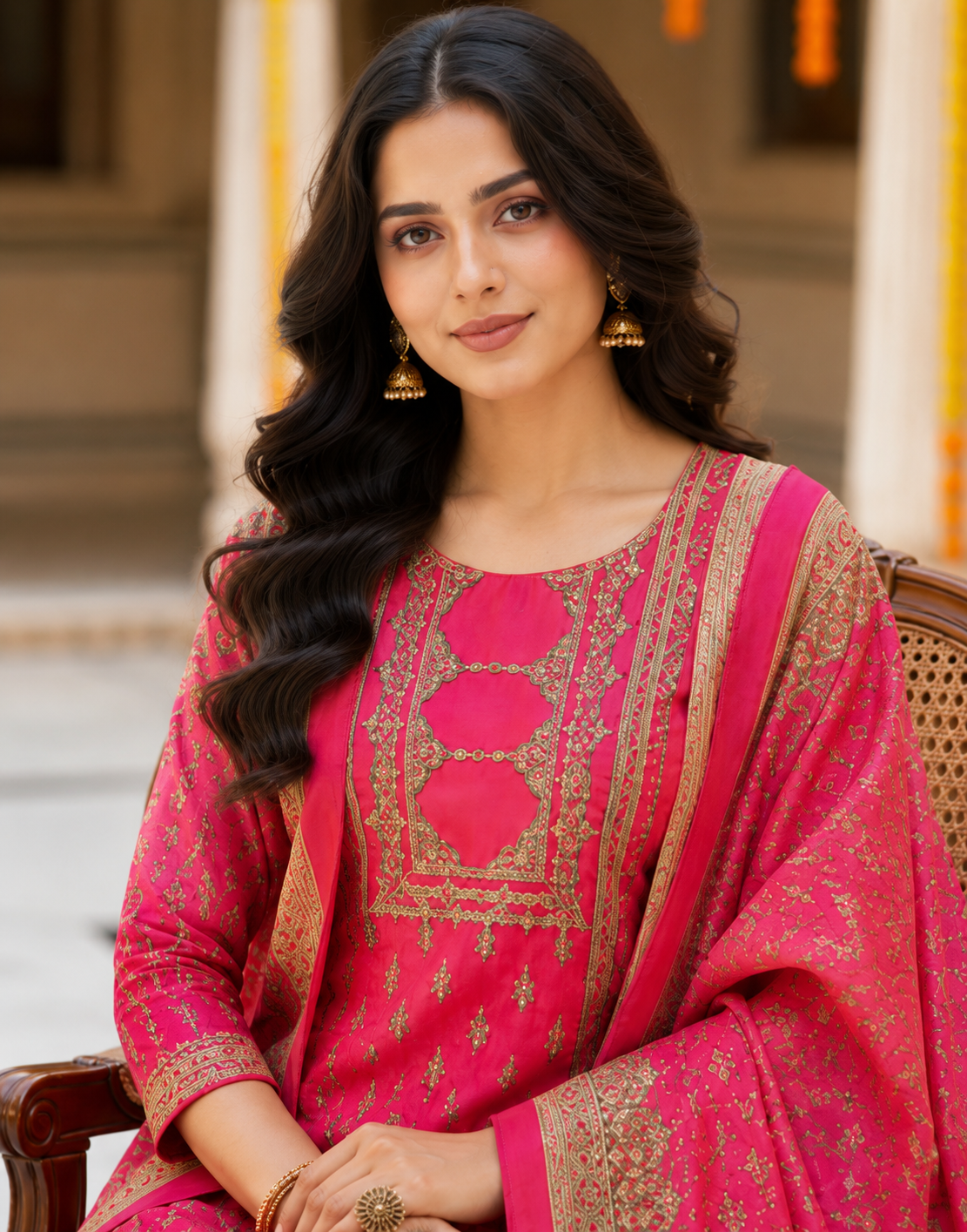 Rani Pink Embroidered Chanderi Silk Kurta Set with Banarasi Dupatta