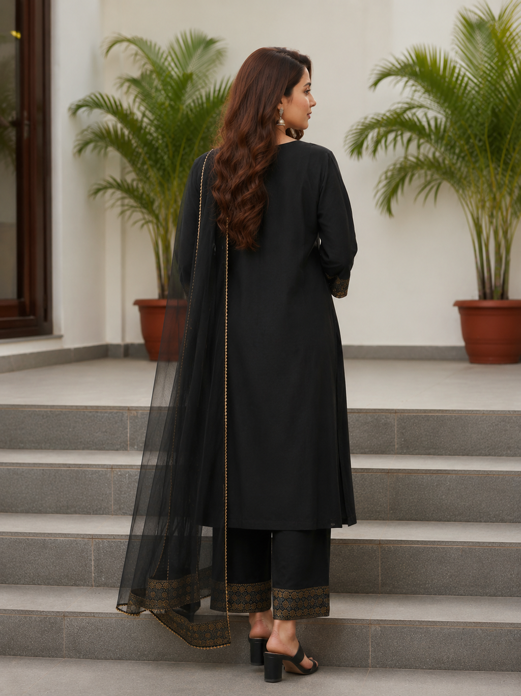 Black Embroidered Viscose Kurta Set with Net Dupatta