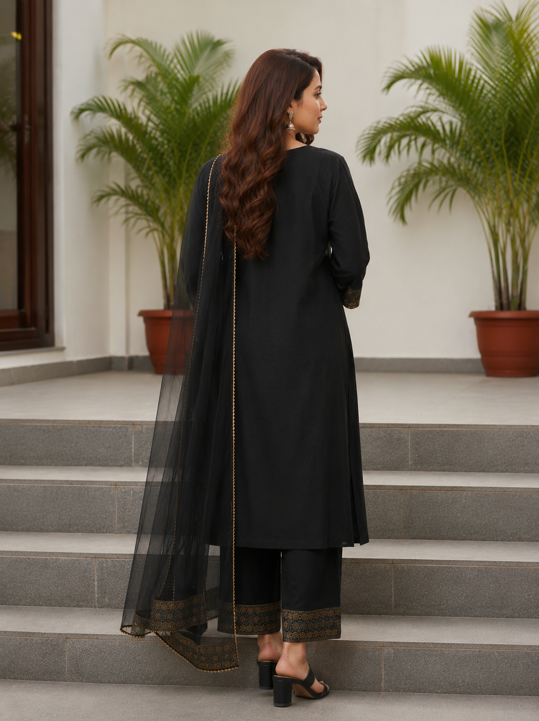 Black Embroidered Viscose Kurta Set with Net Dupatta