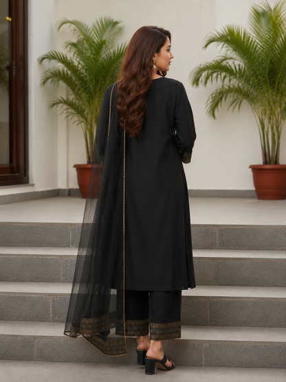 Black Embroidered Viscose Kurta Set with Net Dupatta
