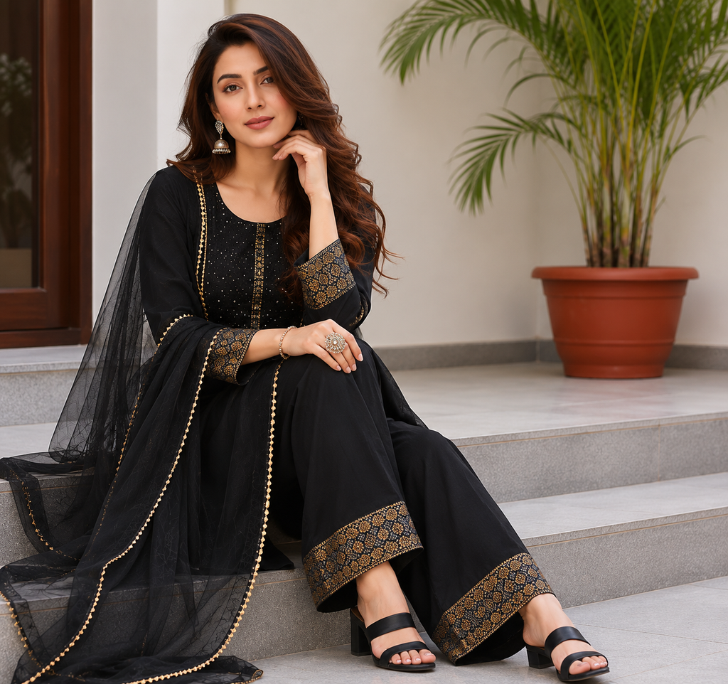 Black Embroidered Viscose Kurta Set with Net Dupatta