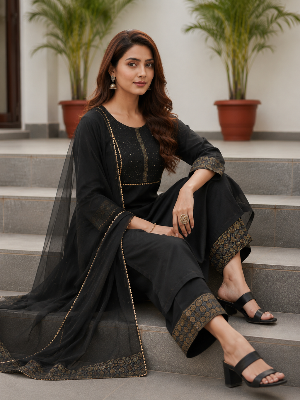 Black Embroidered Viscose Kurta Set with Net Dupatta