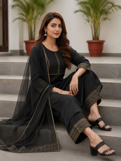 Black Embroidered Viscose Kurta Set with Net Dupatta