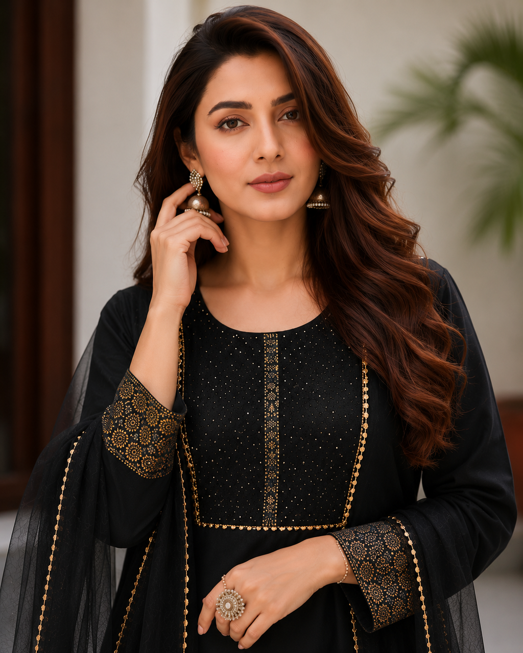 Black Embroidered Viscose Kurta Set with Net Dupatta