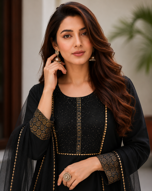 Black Embroidered Viscose Kurta Set with Net Dupatta