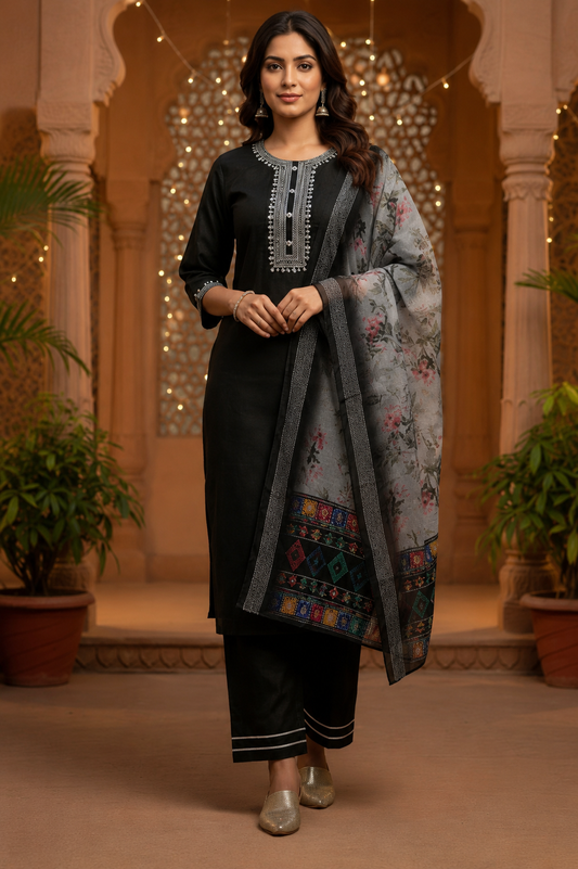 Black Cotton Blend Kurta Set with Printed Organza Dupatta