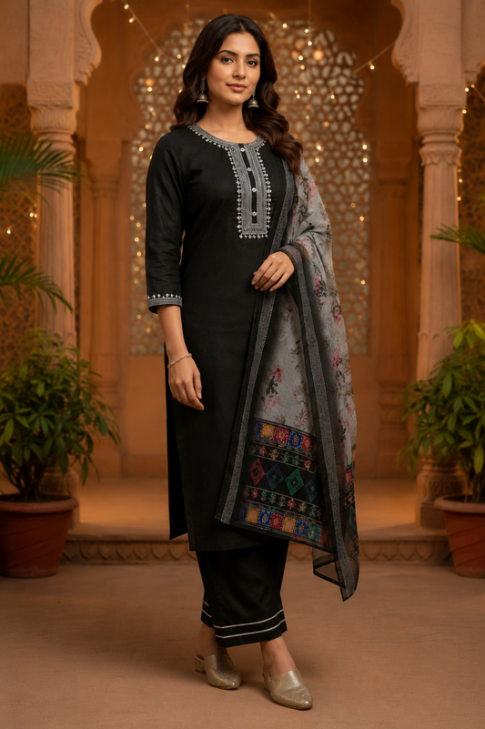 Black Cotton Blend Kurta Set with Printed Organza Dupatta