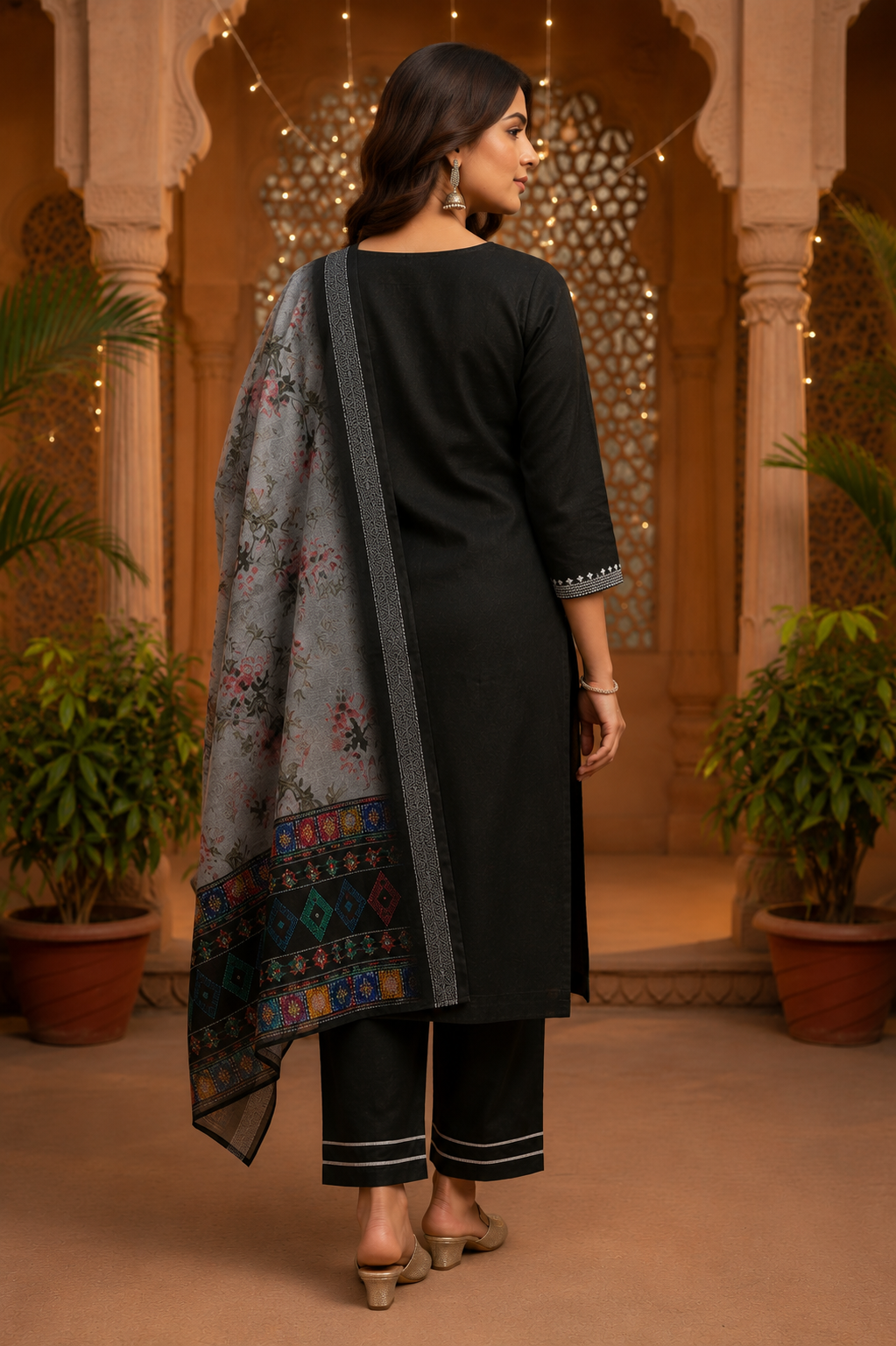 Black Cotton Blend Kurta Set with Printed Organza Dupatta