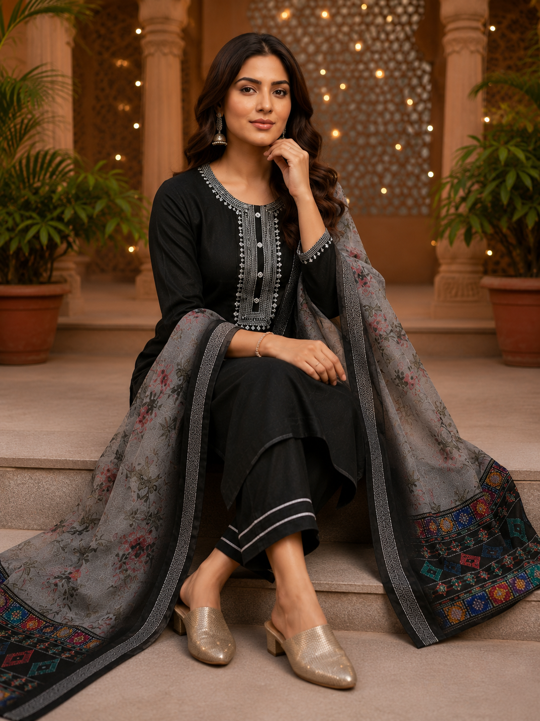 Black Cotton Blend Kurta Set with Printed Organza Dupatta