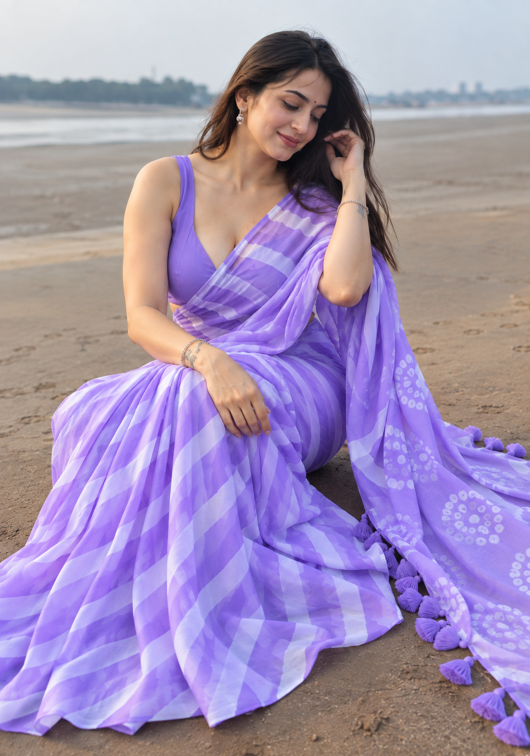 Lavender Chiffon Leheriya Saree with Floral Print & Tassel Pallu