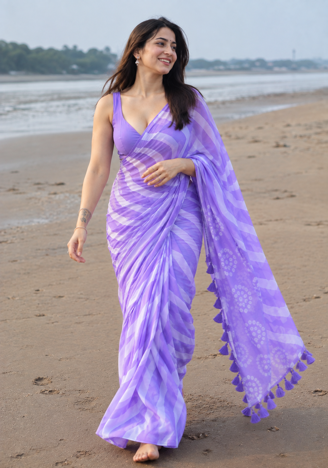 Lavender Chiffon Leheriya Saree with Floral Print & Tassel Pallu