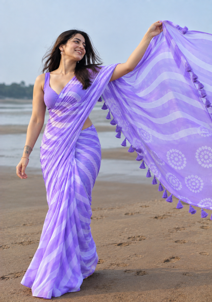 Lavender Chiffon Leheriya Saree with Floral Print & Tassel Pallu