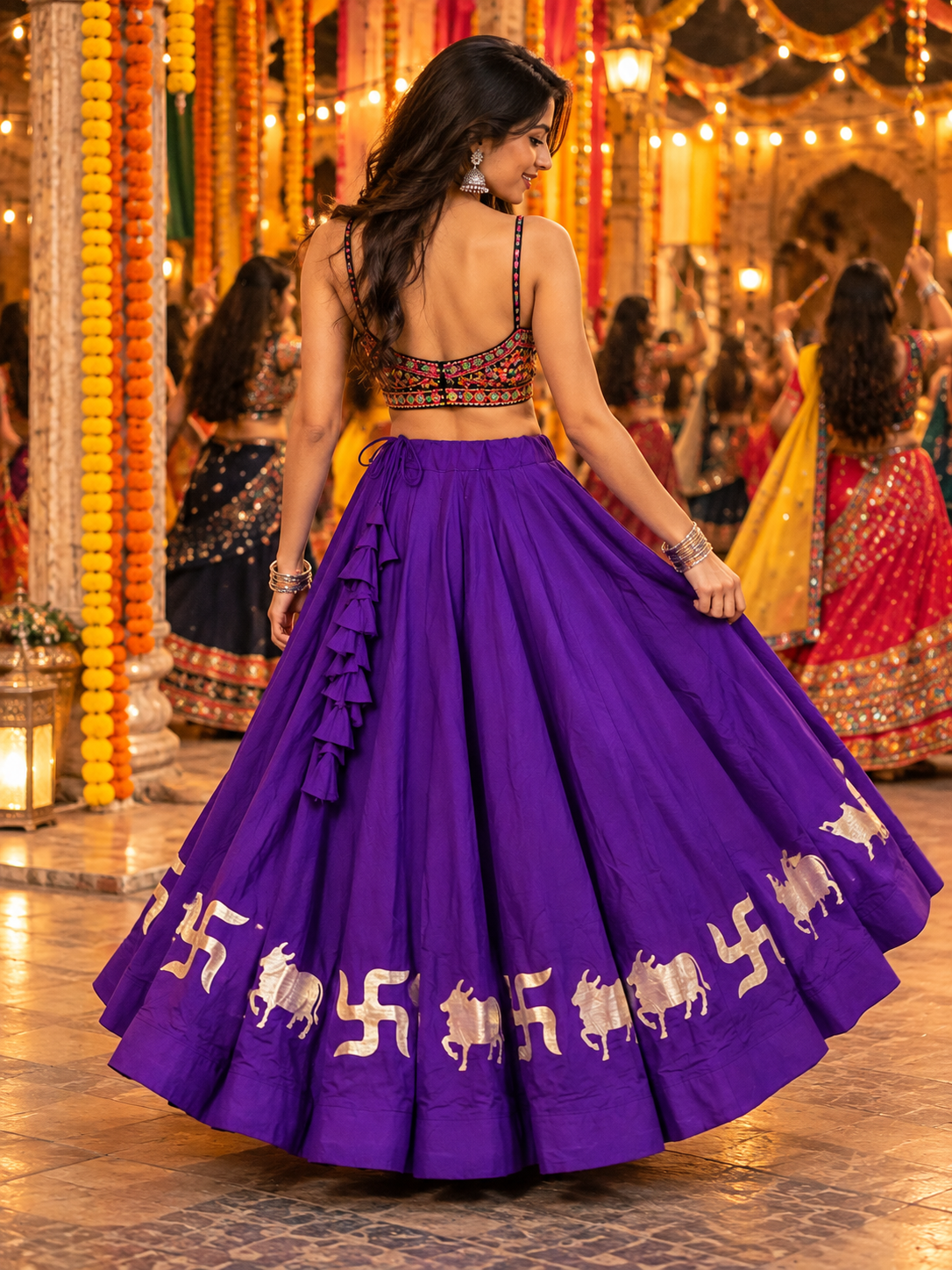 Navratri Royal Purple Cotton Skirt with Traditional Elephant Motif