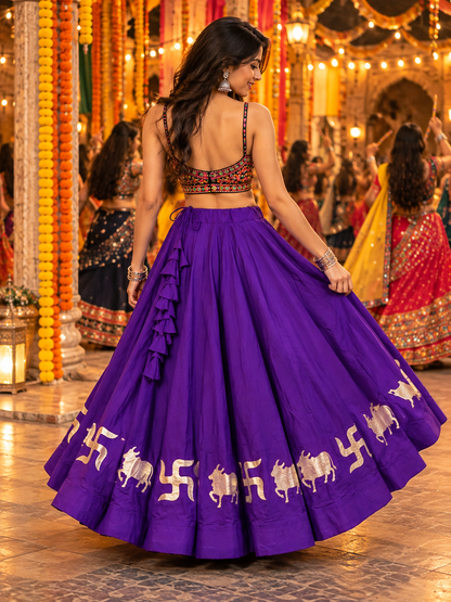 Navratri Royal Purple Cotton Skirt with Traditional Elephant Motif