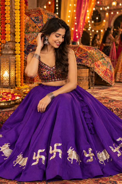 Navratri Royal Purple Cotton Skirt with Traditional Elephant Motif