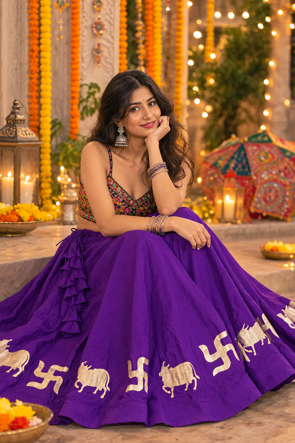 Navratri Royal Purple Cotton Skirt with Traditional Elephant Motif