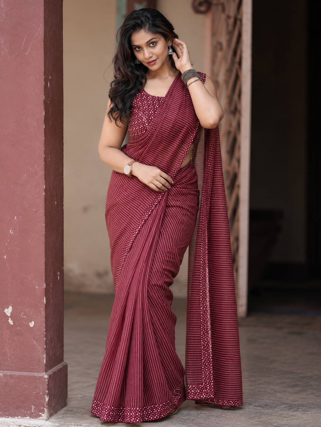 Maroon Linen Cotton Saree Elegant & Lightweight