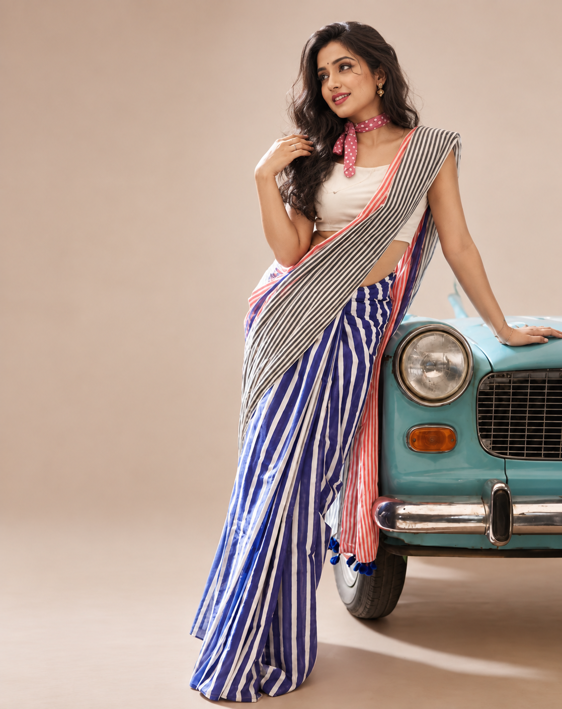 Pink Grey Cotton Linen Striped Saree with Blue Border & Tassels for Women