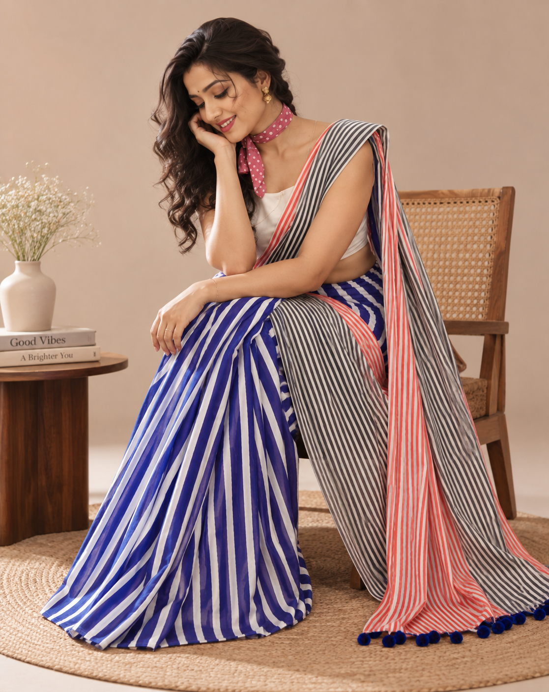Pink Grey Cotton Linen Striped Saree with Blue Border & Tassels for Women