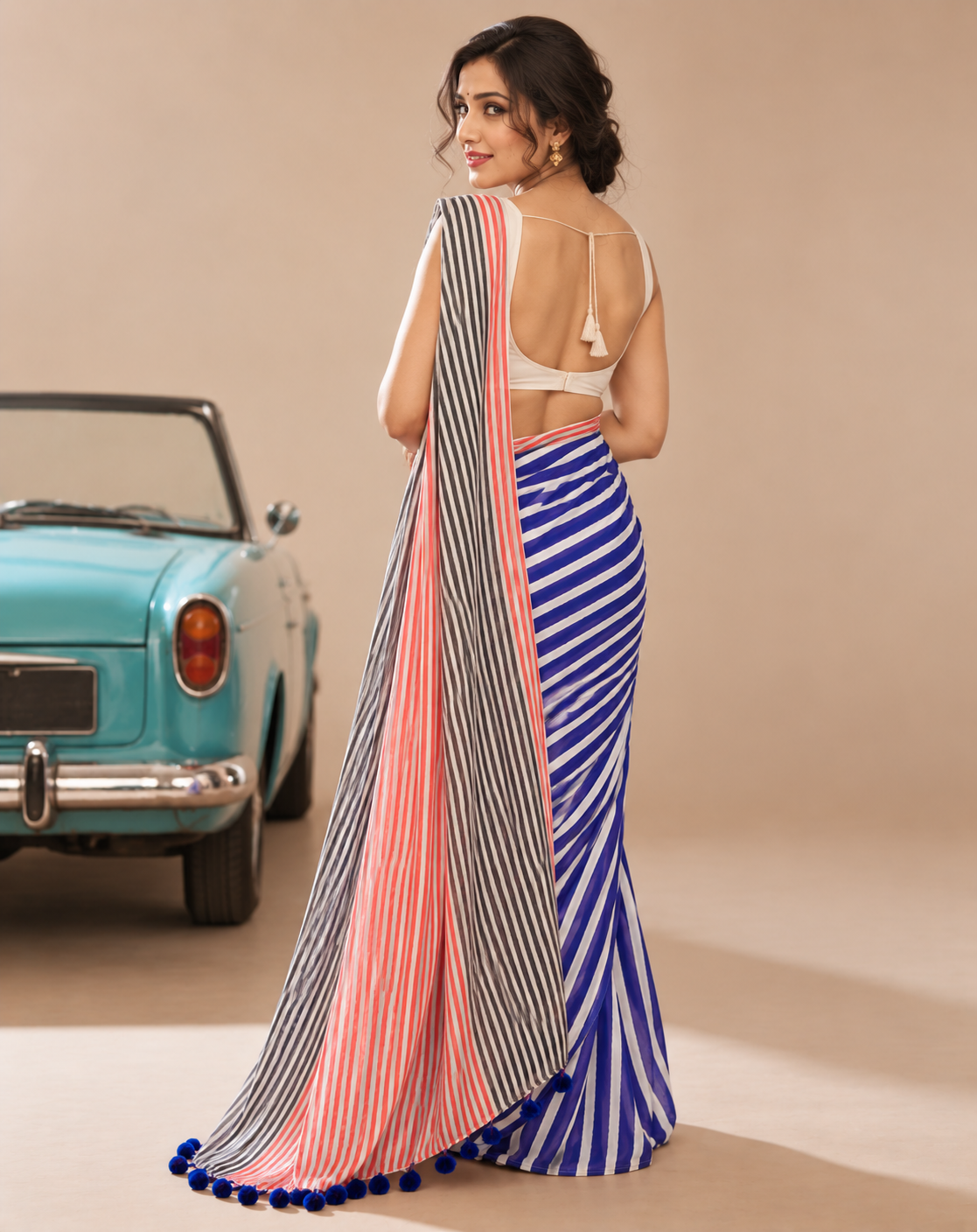 Pink Grey Cotton Linen Striped Saree with Blue Border & Tassels for Women