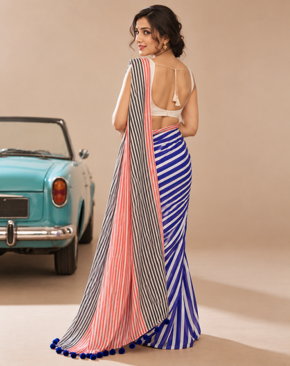 Pink Grey Cotton Linen Striped Saree with Blue Border & Tassels for Women