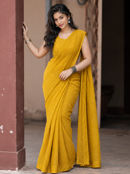 Mustard Yellow Linen Cotton Saree with Stripes & Dots