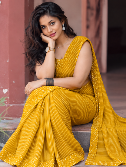Mustard Yellow Linen Cotton Saree with Stripes & Dots