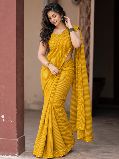 Mustard Yellow Linen Cotton Saree with Stripes & Dots