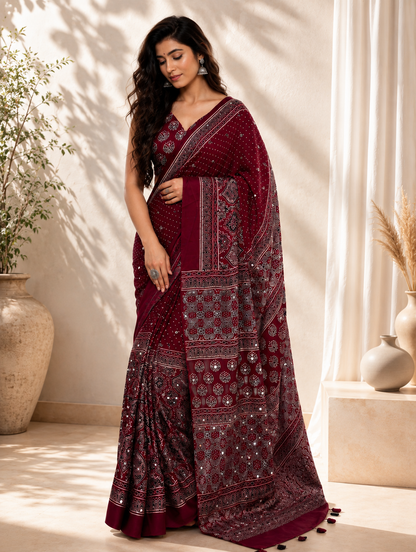 Maroon Modal Silk Ajrakh Printed Saree with Hand-Set Mirrors
