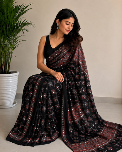 Black Gajji Silk with traditional motifs Designer Saree for Women