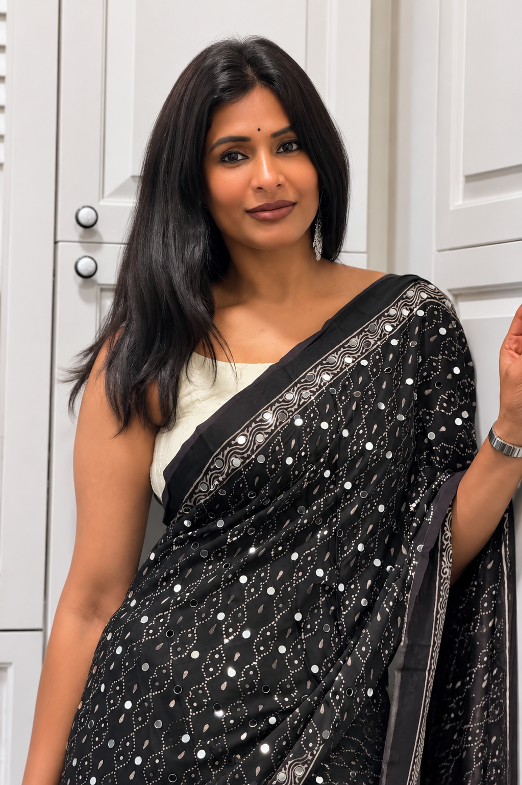 Black Ajrakh Gajji Mirror Work Saree