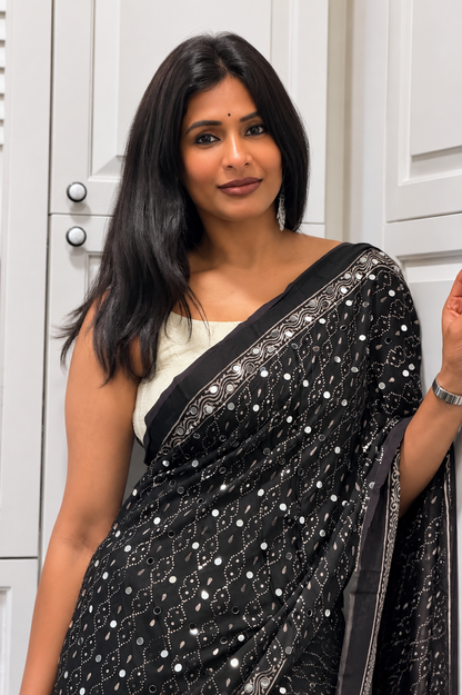 Black Ajrakh Gajji Mirror Work Saree