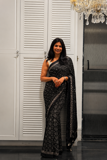 Black Ajrakh Gajji Mirror Work Saree
