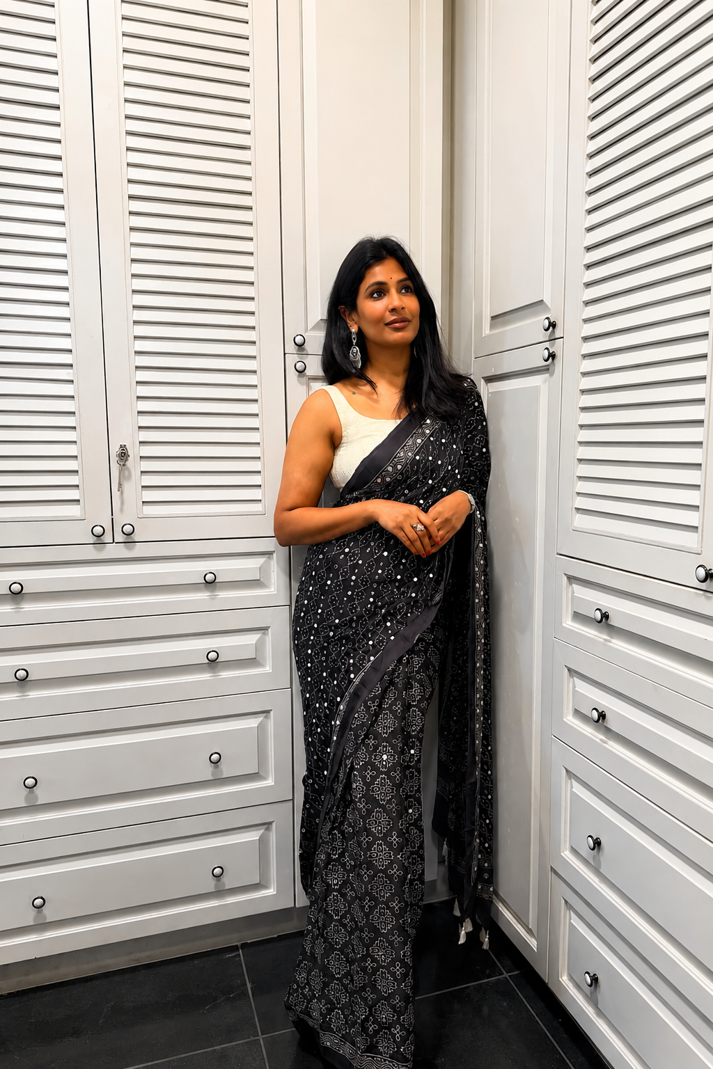 Black Ajrakh Gajji Mirror Work Saree