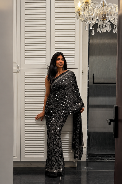 Black Ajrakh Gajji Mirror Work Saree