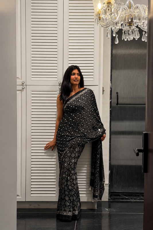 Black Ajrakh Gajji Mirror Work Saree